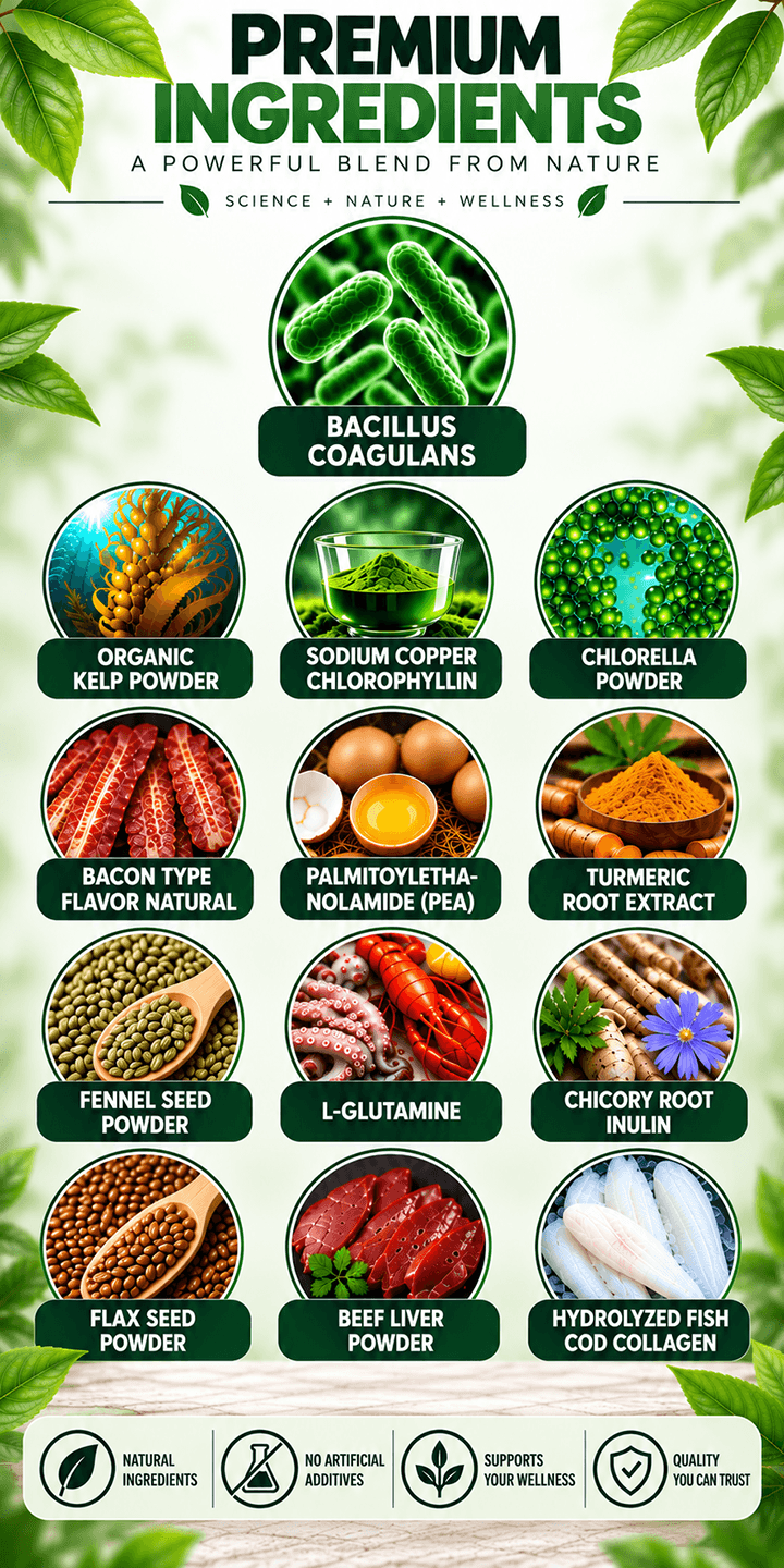 Pawbiotix ingredient panel listing all 13 ingredients, including Bacillus Coagulans, chicory root inulin, and beef liver powder